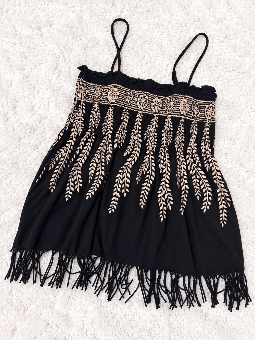 A|X Armani Exchange Black Fringe Cami with Tan/Cream Leaf Detail